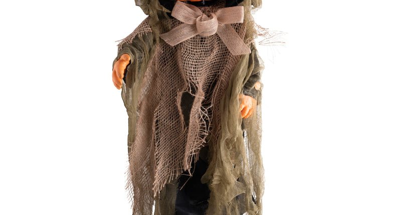 Pompoen pop 90 cm met groen oplichtend pompoengezicht en jute gewaad als halloweendecoratie