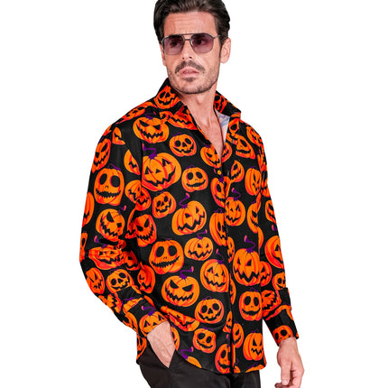 Pompoenblouse heren van zijkant, print loopt door over mouw en manchet