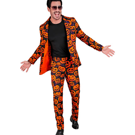 Pompoenkostuum heren met open colbert, felle oranje voering zichtbaar aan de binnenkant