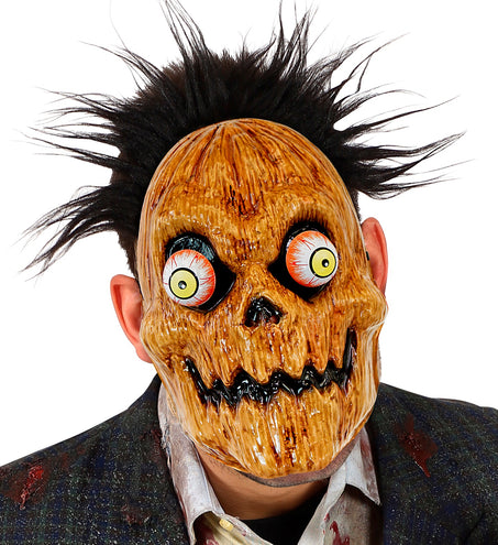 Pompoenmasker met wiebelende ogen gedragen door heer, eigen haar blijft zichtbaar