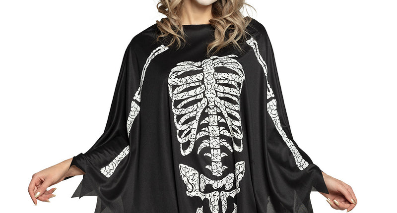 Poncho skelet in zwart met witte ribbenkastprint en gepunte zoom, voor Halloween
