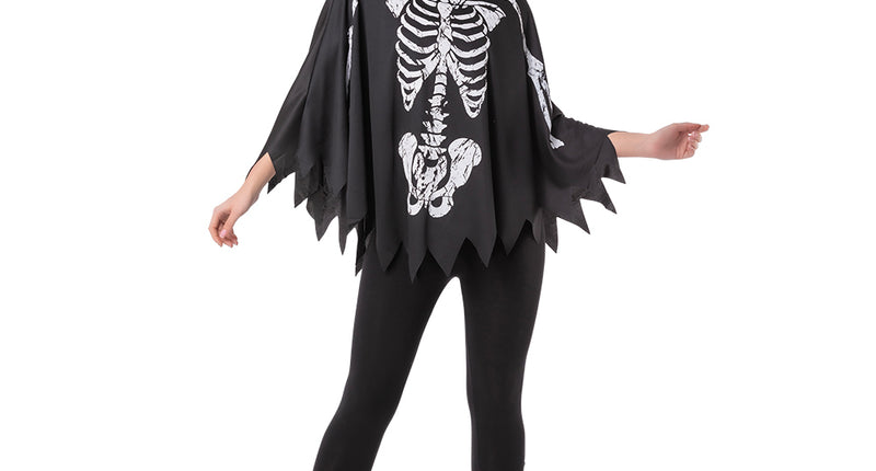 Poncho skeleton Sacha in zwart met wit botten- en bekkenprint en gerafelde punten, voor Halloween