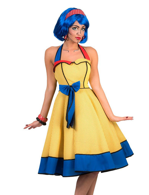Popart jurk met halterhals in rood en blauw en zwarte contourlijnen op het gele lijfje