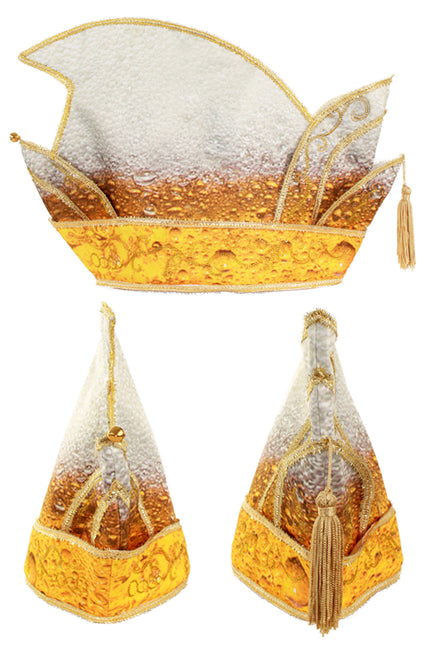 Prins Pils muts goud galon met bierschuimprint, goudkleurig galon en kwastje, voor een bierfeest