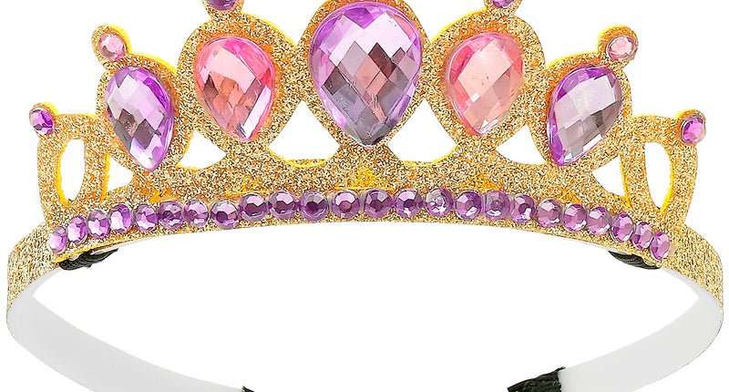 Prinsessen tiara goud met roze en paarse druppelsteentjes op smalle haarband, vooraanzicht