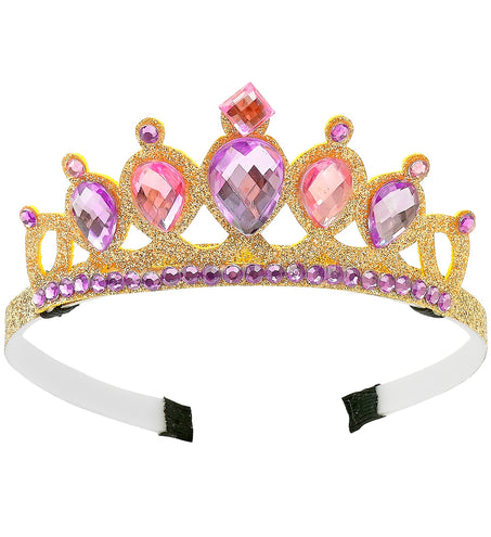 Prinsessen tiara goud met roze en paarse druppelsteentjes op smalle haarband, vooraanzicht