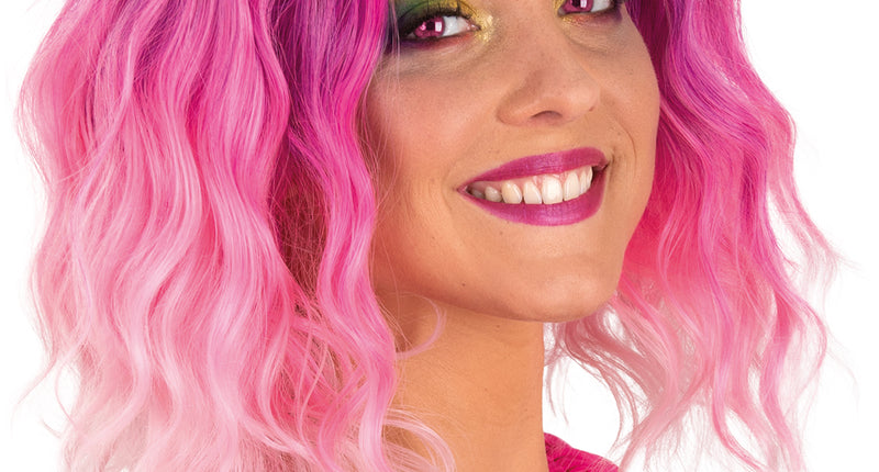 Pruik Alicia halflang met waves in roze, paarsroze aanzet met zacht roze punten