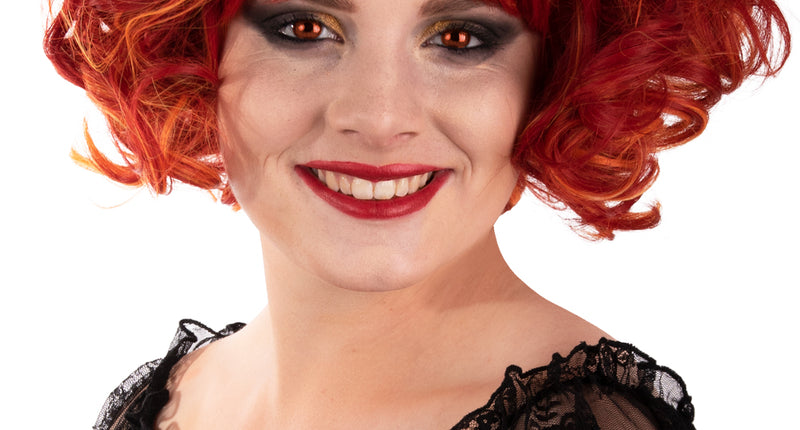 Pruik Arlene kort met krullen rood met oranje lokken en pony, voor Halloween