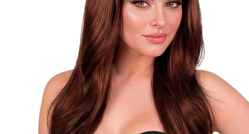 Pruik beautiful bruin met lang steil kastanjebruin haar en rechte pony, voor dames op een themafeest