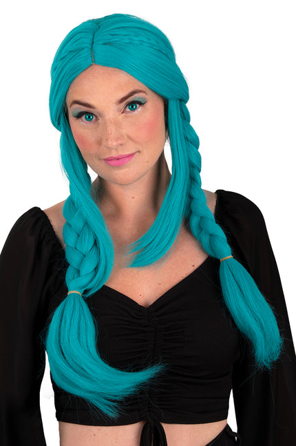 Pruik Elvina turquoise met gevlochten band en twee lange vlechten, voor een themafeest