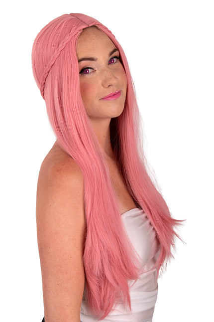 Pruik Eowyn roze met lang steil haar en vlechtjes langs de kruin voor een fantasy themafeest