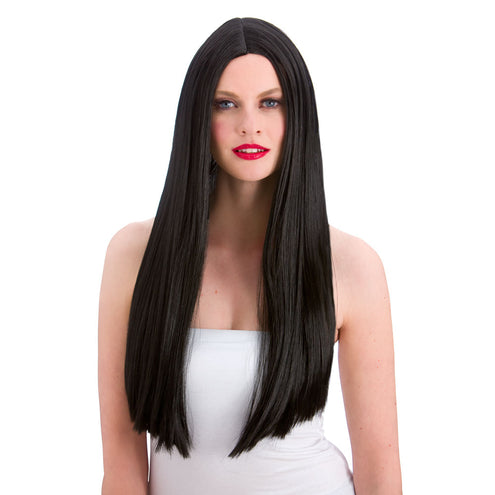 Pruik extra lang haar klassiek in zwart, steil met middenscheiding tot onder het middel, voor Halloween