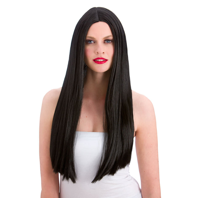 Pruik extra lang haar klassiek in zwart, steil met middenscheiding tot onder het middel, voor Halloween