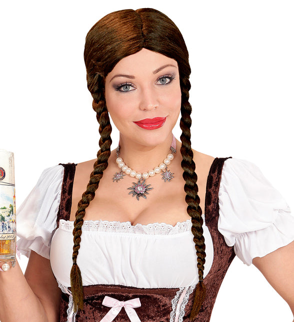 Pruik Greta met vlechten in bruin met middenscheiding en twee lange vlechten, voor Oktoberfest
