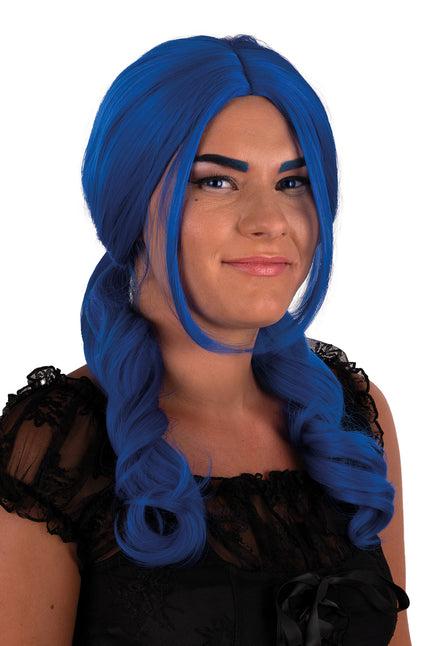 Pruik Raewyn blauw, kobaltblauwe pruik met middenscheiding en krullende lokken voor een themafeest