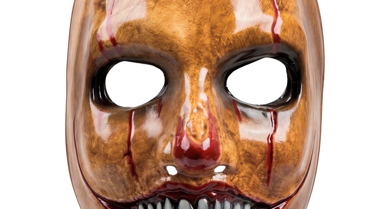Psycho clown masker van pvc met okerbruin gezicht, bloederige grijns en grijze tanden