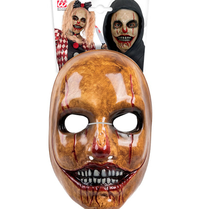 Psycho clown masker in verpakking met zichtbaar elastiek achter de ooguitsparingen