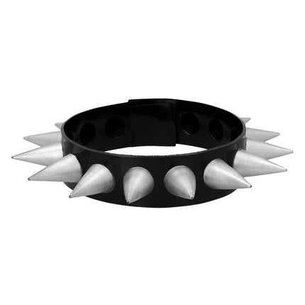 Punk halsband Boris van voren: glanzend zwarte band met kegelvormige zilverkleurige spikes