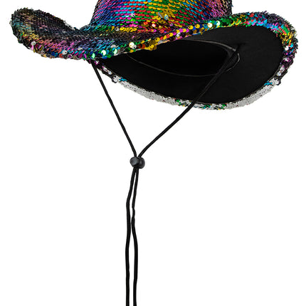 Rainbow pailletten cowboyhoed van de zijkant, glanzende bol en lange koorduiteinden