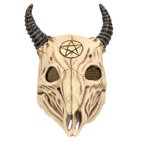 Ramschedelmasker van latex in botkleur met gaas in de oogholtes, vooraanzicht
