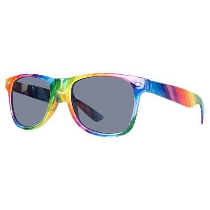 Regenboog bril donker glas van de zijkant met gestreepte poten in regenboogkleuren
