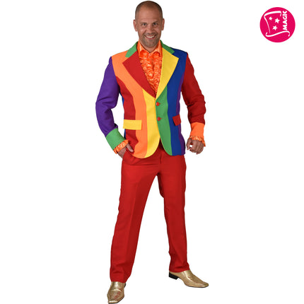 Regenboog colbert heren met kleurvlakken in paars, blauw, groen, geel en rood en rode knopen, voor een themafeest