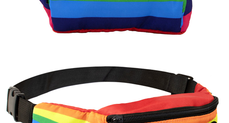 Regenboog heuptasje Pride met twee zwarte ritsvakken en verstelbare band, voor- en zijaanzicht