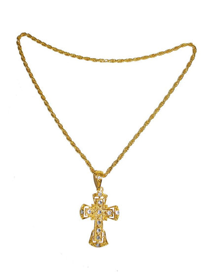 Religieuze halsketting met kruis, goudkleurige schakelketting met kruishanger met heldere steentjes