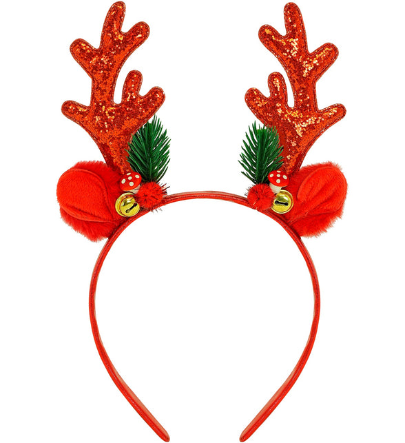Rendier hoofddeksel glitter rood met rood glittergewei, plush oren, kersttakjes en gouden belletjes