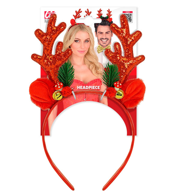 Rendier hoofddeksel glitter rood op verpakkingskaart, rode diadeem met gewei en paddenstoeltjes