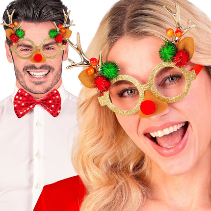 Rendierbril met glitterrand en vilten oortjes gedragen door twee personen op een kerstfeest