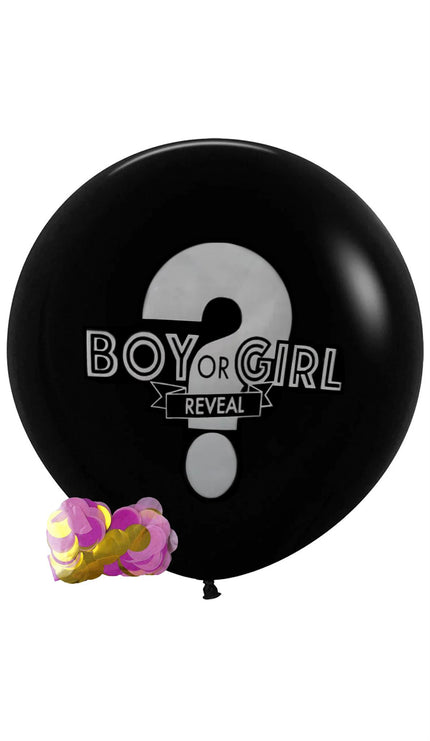 Reveal ballon meisje in zwart latex met zilvergrijs vraagteken en de opdruk Boy or Girl, met roze-gouden confetti