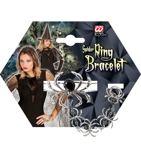 Ring armband spinnen halloween op verpakking van Widmann met close-up van de spinnen