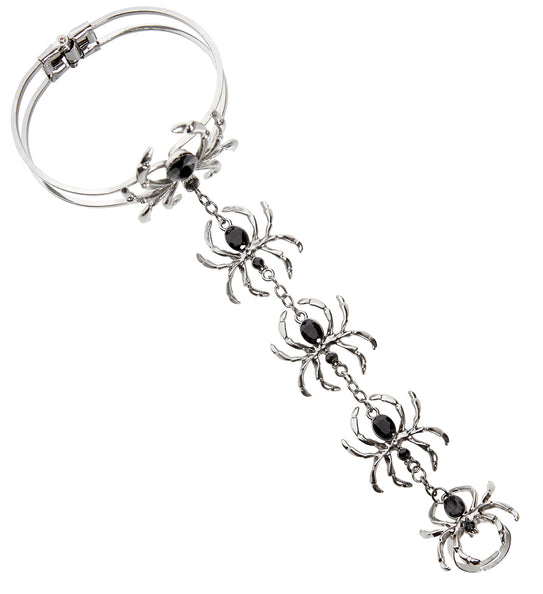 Ring armband spinnen halloween in zilverkleurig ijzer met vijf spinnen en zwarte steentjes aan kettinkjes