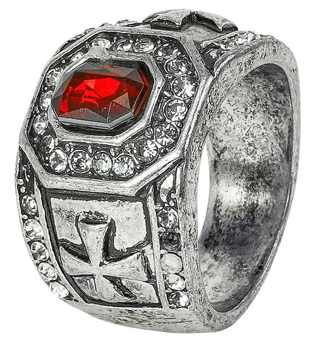 Ring met rode edelsteen en strass, zilverkleurig met kruismotief op de zijkant, voor heren