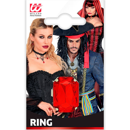 Ring rood gemsteen op verpakkingskaart, los sieraad voor Halloween of themafeest