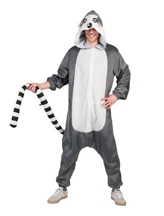 Ringstaartmaki kostuum voor heren, grijze jumpsuit met witte buik en kap met makigezicht