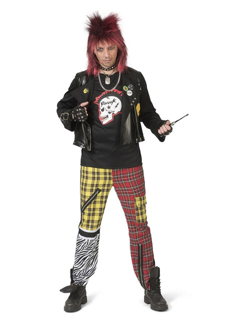 Rocker pak Patrick met zwarte studs-jas, punkshirt met schedel en rood-gele ruitbroek voor heren
