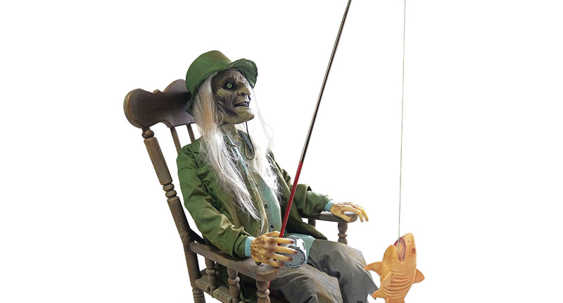 Rockin' Fisherman Freddy animatronic van 185 cm in schommelstoel met hengel en vis, Halloweendecoratie