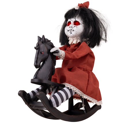Rockin Rosie animatronic van de zijkant met kanten kraag en zwart hobbelpaard met rode ogen