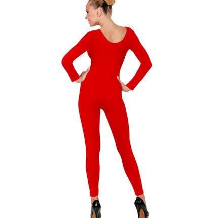 Rode body voor dames van achteren met een lage ronde rug en lange mouwen