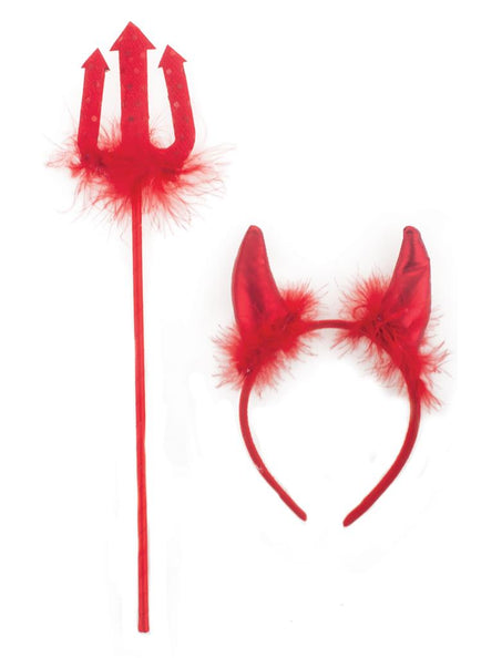 Rode duivel hoorntjes set met diadeem en glinsterende drietand voor Halloween
