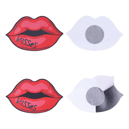Rode lippenstickers voor- en achterkant, met witte beschermlaag en grijs rondje in het midden