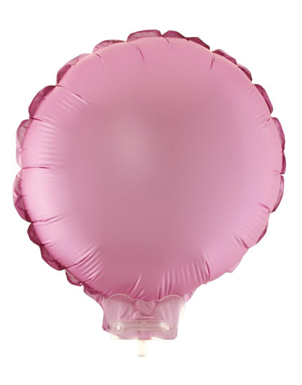 Ronde folieballon in effen roze van 28 cm op doorzichtig stokje met houder