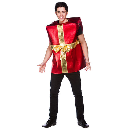 Rood cadeaupak als kerstoutfit, instapmodel met open armsgaten en goudkleurig kruislint
