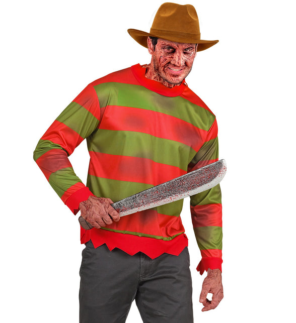 Rood-groen gestreepte fright night trui heren, gedragen met bruine gleufhoed op een Halloweenfeest