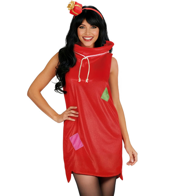 Rood kerstjurkje kerstzak met hoge opstaande kraag en groene en roze labels, gedragen met zwarte panty