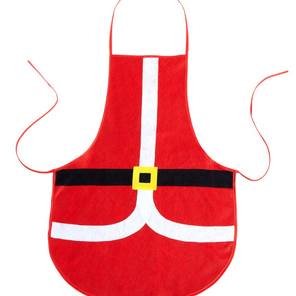 Rood kerstschort los gefotografeerd met nekkoord, lange strikbanden en zwarte band met gele gesp