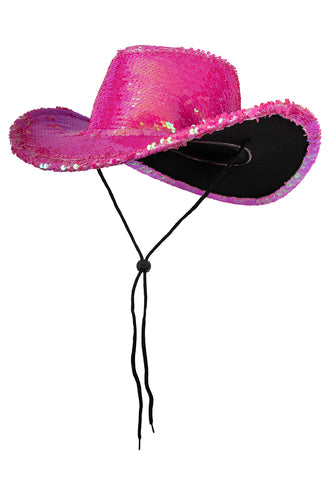 Roze cowboyhoed schuin van opzij, zwarte binnenzijde en glanzende paillettenrand