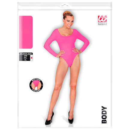 Roze damesbody met lange mouwen op de verpakking, met knoopsluiting in het kruis